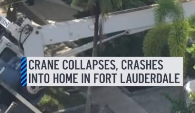 Video shows a crane and a truck that overturned onto a house in Fort Lauderdale on Thursday. The footage taken by fire rescue shows a crane leaning on a home, and the truck attached to it dangling in the air, with only one tire in the ground. #crane #fortlauderdale #home #crash
