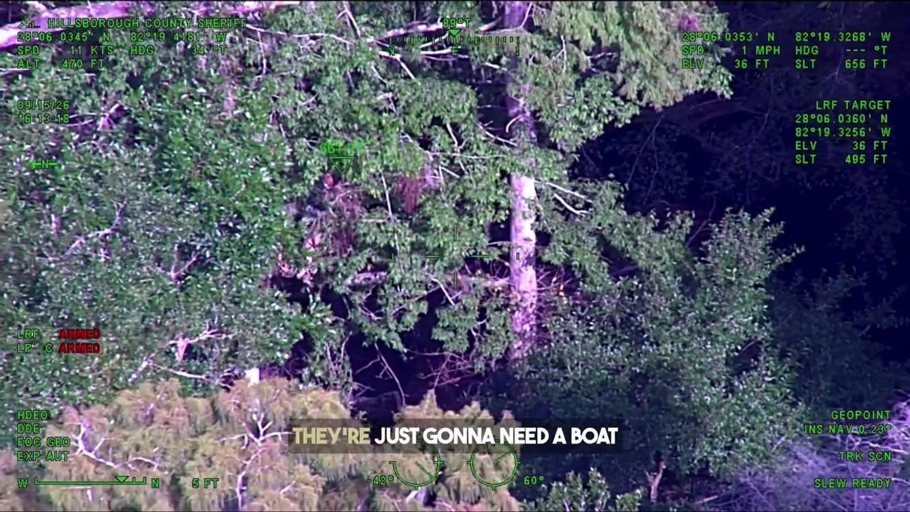 Two Florida boaters needed rescue after their boat capsized and floated downriver, leaving them stranded in a tree. At about 3:30 p.m. Tuesday, the Hillsborough County Sheriff’s Office responded to Morris Bridge Park, deputies said. HCSO aerial video shows the boaters stranded in the tree as they waited for law enforcement to rescue them. The sheriff’s office said they were about 3,000 feet downriver from the Hillsborough River boat launch.(HCSO)