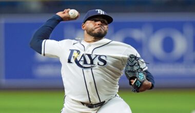 Tampa Bay Rays pitcher Freddy Peralta delibers to the New York Mets during the first inning of a baseball game Tuesday, Sept. 1, 2026, in St. Petersburg, Fla. (AP Photo/Chris O'Meara)