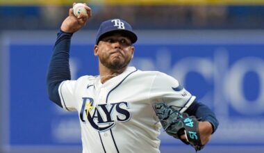 Tampa Bay Rays pitcher Freddy Peralta delivers to the Houston Astros during the first inning of a baseball game Sunday, Sept. 13, 2026, in St. Petersburg, Fla. (AP Photo/Chris O'Meara)