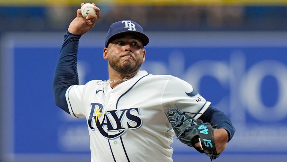 Tampa Bay Rays pitcher Freddy Peralta delivers to the Houston Astros during the first inning of a baseball game Sunday, Sept. 13, 2026, in St. Petersburg, Fla. (AP Photo/Chris O'Meara)