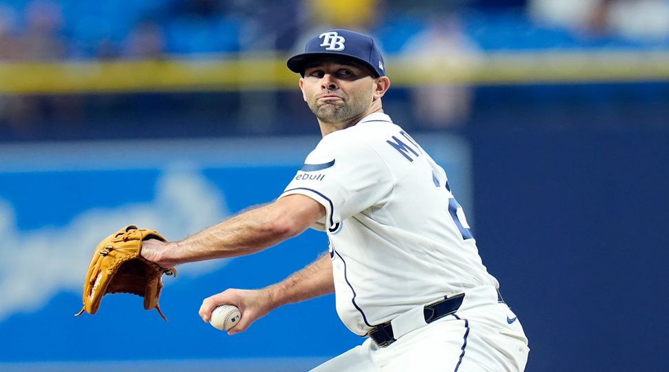 Tampa Bay Rays pitcher Nick Martinez delivers to the Athletics during the first inning of a baseball game Wednesday, Sept. 16, 2026, in St. Petersburg, Fla. (AP Photo/Chris O'Meara)