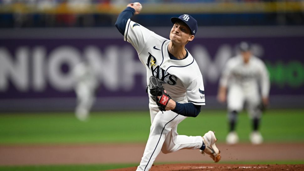 Tampa Bay Rays starting pitcher Griffin Jax throws to home plate during the first inning of a baseball game against the Boston Red Sox, Sunday, Sept. 20, 2026, in St. Petersburg, Fla. (AP Photo/Phelan M. Ebenhack)