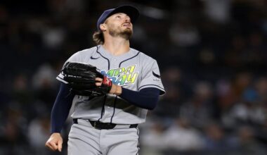Tampa Bay Rays pitcher Mason Englert watches a solo home run by New York Yankees' Ben Rice during the first inning of a baseball game Wednesday, Sept. 23, 2026, in New York. (AP Photo/Adam Hunger)
