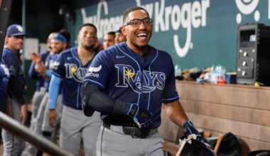 Tampa Bay Rays' Richie Palacios celebrates his solo home run with the team during the fourth inning of a baseball game against the Texas Rangers Friday, Sept. 4, 2026, in Arlington, Texas. (AP Photo/Tony Gutierrez)