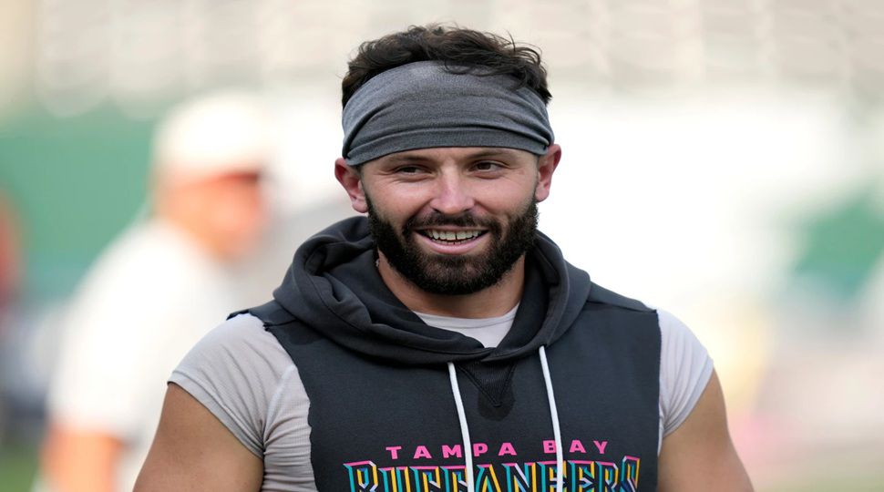 Tampa Bay Buccaneers quarterback Baker Mayfield walks on the field before an NFL football game against the New York Jets, Friday, Aug. 14, 2026, in East Rutherford, N.J. (AP Photo/Seth Wenig)
