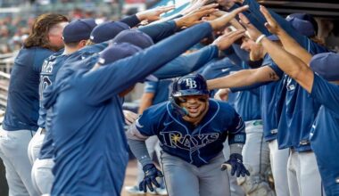 Tampa Bay Rays' Jorge Mateo flips his bat away after hitting a two-run single against the Atlanta Braves during the second inning of a baseball game, Wednesday, Sept. 9, 2026, in Atlanta. (AP Photo/Erik S. Lesser)