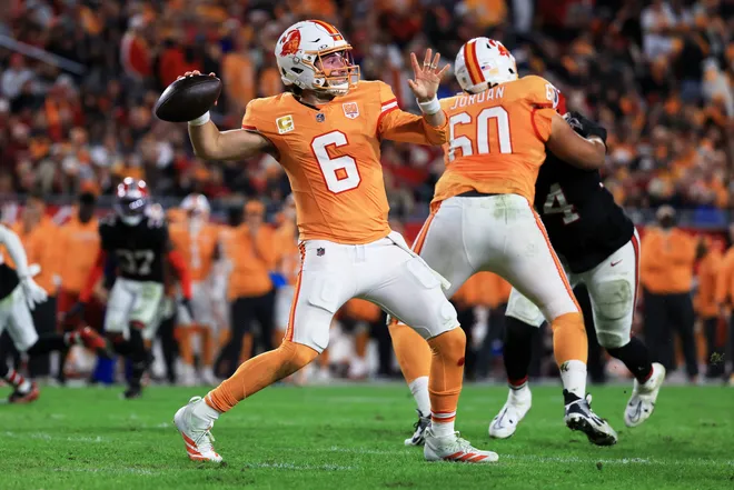 Dec 11, 2025; Tampa, Florida, USA; Tampa Bay Buccaneers quarterback Baker Mayfield (6) throws a pass against the Atlanta Falcons during the third quarter at Raymond James Stadium. Mandatory Credit: Kim Klement Neitzel-Imagn Images