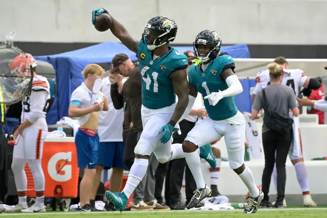 Sep 13, 2026; Jacksonville, Florida, USA; Jacksonville Jaguars defensive end Josh Hines-Allen (41) and cornerback Montaric Brown (1) react after a play in the second quarter against the Cleveland Browns at EverBank Stadium. Mandatory Credit: Melina Myers-Imagn Images