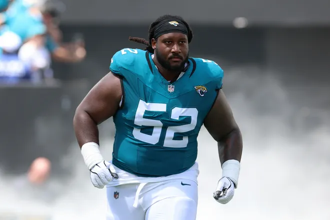 Sep 13, 2026; Jacksonville, Florida, USA; Jacksonville Jaguars defensive tackle Davon Hamilton (52) beffore the game against the Cleveland Browns at EverBank Stadium. Mandatory Credit: Nathan Ray Seebeck-Imagn Images