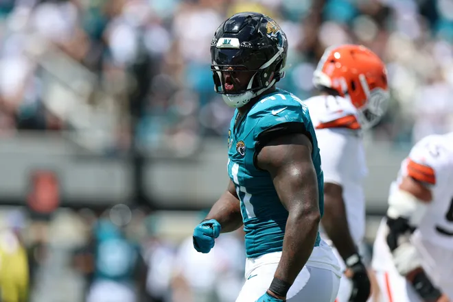 Sep 13, 2026; Jacksonville, Florida, USA; at EverBank Stadium.Jacksonville Jaguars defensive end Josh Hines-Allen (41) reacts after a sack in the first quarter against the Cleveland Browns at EverBank Stadium. Mandatory Credit: Nathan Ray Seebeck-Imagn Images