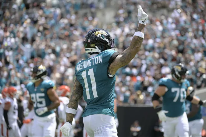 Sep 13, 2026; Jacksonville, Florida, USA; Jacksonville Jaguars wide receiver Parker Washington (11) reacts after a touchdown in the first quarter against the Cleveland Browns at EverBank Stadium. Mandatory Credit: Melina Myers-Imagn Images