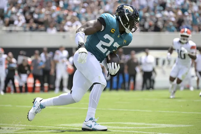 Sep 13, 2026; Jacksonville, Florida, USA; Jacksonville Jaguars linebacker Foyesade Oluokun (23) with an interception in the first quarter against the Cleveland Browns at EverBank Stadium. Mandatory Credit: Melina Myers-Imagn Images