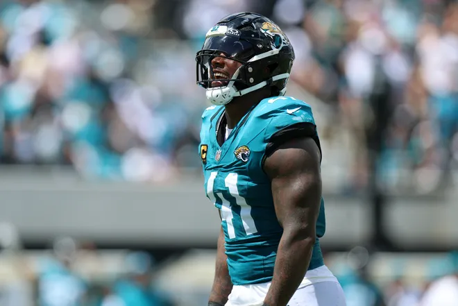 Sep 13, 2026; Jacksonville, Florida, USA; Jacksonville Jaguars defensive end Josh Hines-Allen (41) reacts after a sack in the first quarter against the Cleveland Browns at EverBank Stadium. Mandatory Credit: Nathan Ray Seebeck-Imagn Images