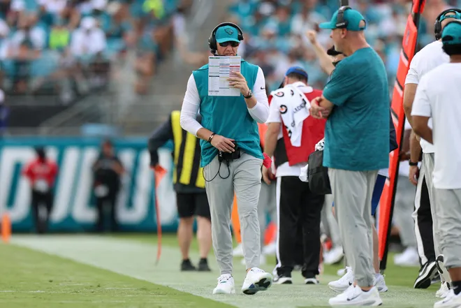 Sep 13, 2026; Jacksonville, Florida, USA; Jacksonville Jaguars head coach Liam Coen on the sideline in the third quarter against the Cleveland Browns at EverBank Stadium. Mandatory Credit: Nathan Ray Seebeck-Imagn Images