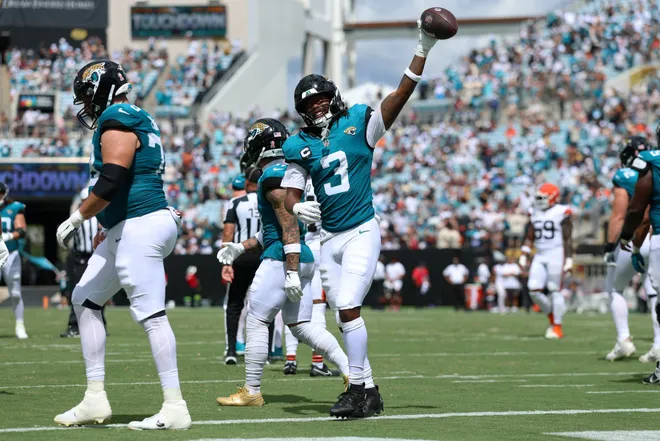 Sep 13, 2026; Jacksonville, Florida, USA; Jacksonville Jaguars wide receiver Jakobi Meyers (3) celebrates after his touchdown in the third quarter against the Cleveland Browns at EverBank Stadium. Mandatory Credit: Nathan Ray Seebeck-Imagn Images