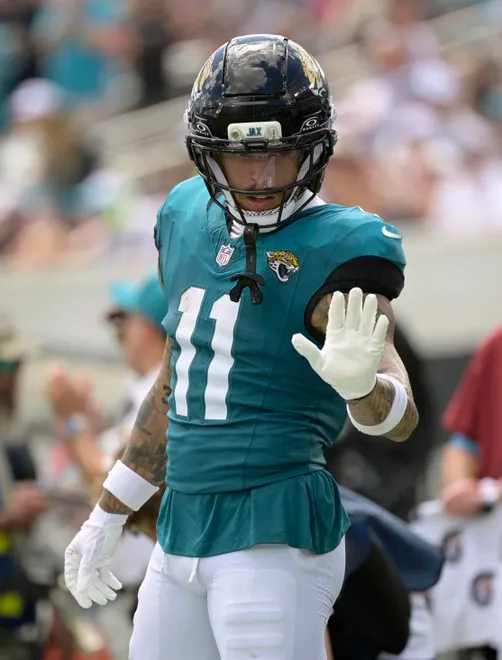 Sep 13, 2026; Jacksonville, Florida, USA; Jacksonville Jaguars wide receiver Parker Washington (11) reacts after a play in the second quarter against the Cleveland Browns at EverBank Stadium. Mandatory Credit: Melina Myers-Imagn Images