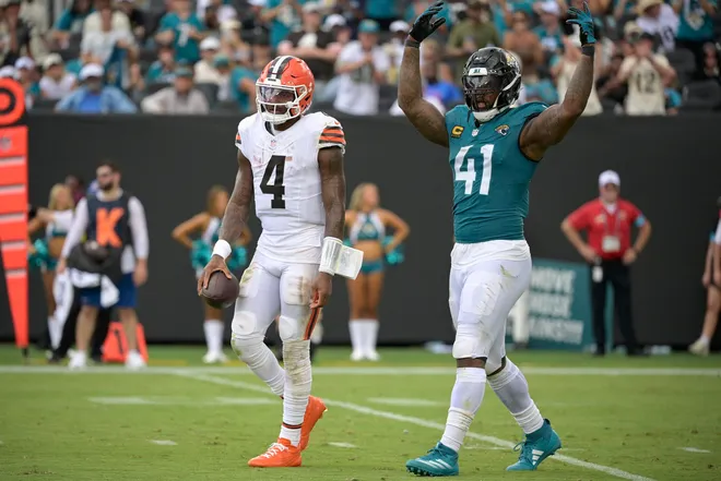 Sep 13, 2026; Jacksonville, Florida, USA; Jacksonville Jaguars defensive end Josh Hines-Allen (41) reacts ahead of Cleveland Browns quarterback Deshaun Watson (4) in the third quarter at EverBank Stadium. Mandatory Credit: Melina Myers-Imagn Images