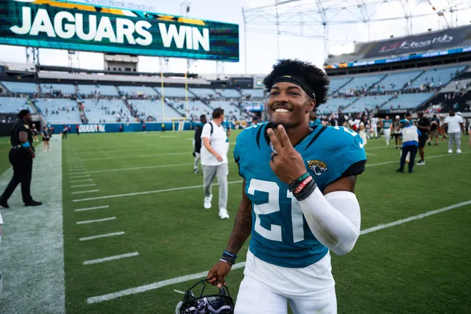 Jacksonville Jaguars cornerback Christian Braswell (21) celebrates while walking off the field after the Jaguars defeated the Browns during an NFL football game at EverBank Stadium, Sunday, September 13, 2026, in Jacksonville, Fla. The Jaguars defeated the Browns 34-10. [Doug Engle/Florida Times-Union]