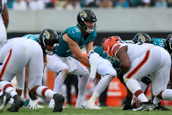Sep 13, 2026; Jacksonville, Florida, USA; Jacksonville Jaguars quarterback Trevor Lawrence (16) calls out at the line of scrimmage against the Cleveland Browns at EverBank Stadium. Mandatory Credit: Nathan Ray Seebeck-Imagn Images