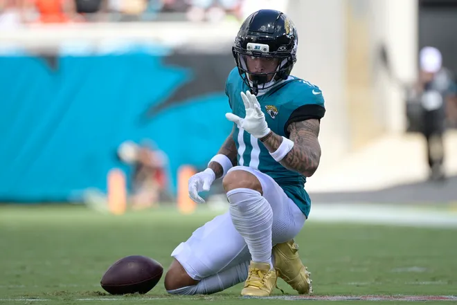 Sep 13, 2026; Jacksonville, Florida, USA; Jacksonville Jaguars wide receiver Parker Washington (11) reacts after a play in the second quarter against the Cleveland Browns at EverBank Stadium. Mandatory Credit: Melina Myers-Imagn Images