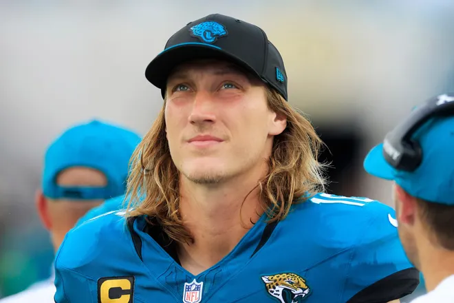 Jacksonville Jaguars quarterback Trevor Lawrence (16) looks on during the fourth quarter of an NFL football matchup at EverBank Stadium on Sunday, Sept. 13, 2026, in Jacksonville, Fla. The Jaguars defeated the Browns 34-10. [Corey Perrine/Florida Times-Union]