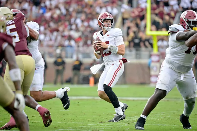Aug 30, 2025; Tallahassee, Florida, USA; Clemson Tigers quarterback Chris Denson (15) looks to pass the ball against the Florida State Seminoles during the second half at Doak S. Campbell Stadium. Mandatory Credit: Melina Myers-Imagn Images
