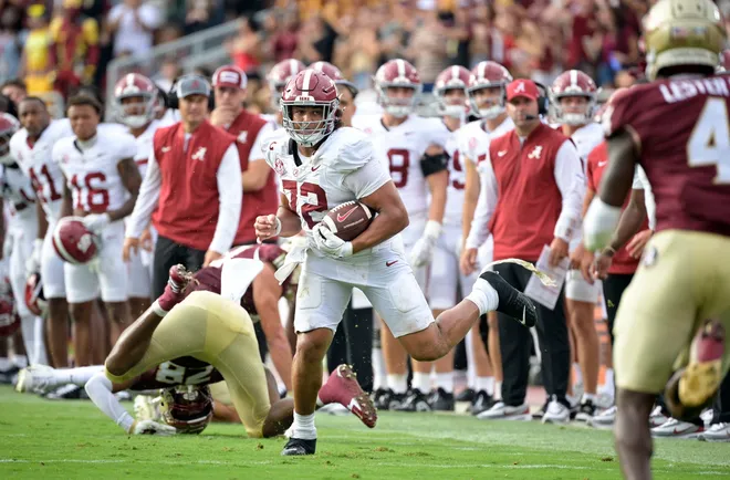 Aug 30, 2025; Tallahassee, Florida, USA; Alabama Crimson Tide offensive lineman Parker Brailsford (72) runs with the ball against the Florida State Seminoles during the second half at Doak S. Campbell Stadium. Mandatory Credit: Melina Myers-Imagn Images