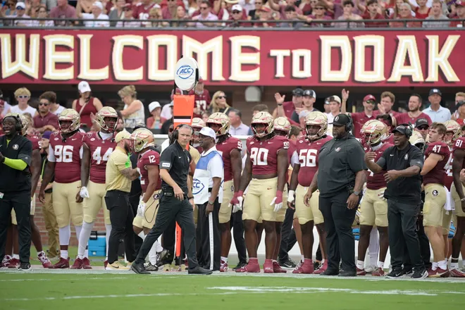 Aug 30, 2025; Tallahassee, Florida, USA; Florida State Seminoles head coach Mike Norvell looks on against the Alabama Crimson Tide during the first half at Doak S. Campbell Stadium. Mandatory Credit: Melina Myers-Imagn Images