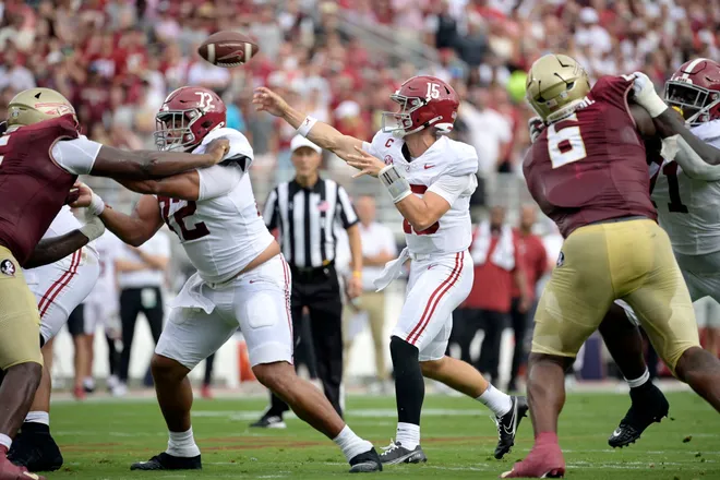Aug 30, 2025; Tallahassee, Florida, USA; Alabama Crimson Tide quarterback Ty Simpson (15) passes the ball against the Florida State Seminoles during the first half at Doak S. Campbell Stadium. Mandatory Credit: Melina Myers-Imagn Images