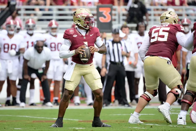 Aug 30, 2025; Tallahassee, Florida, USA; Florida State Seminoles quarterback Tommy Castellanos (1) looks to pass the ball against the Alabama Crimson Tide during the first half at Doak S. Campbell Stadium. Mandatory Credit: Melina Myers-Imagn Images