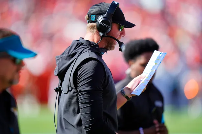 Sep 20, 2026; Denver, Colorado, USA;  Jacksonville Jaguars head coach Liam Coen on the sidelines against the Denver Broncos during the first half at Empower Field at Mile High.  Mandatory Credit: Ron Chenoy-Imagn Images