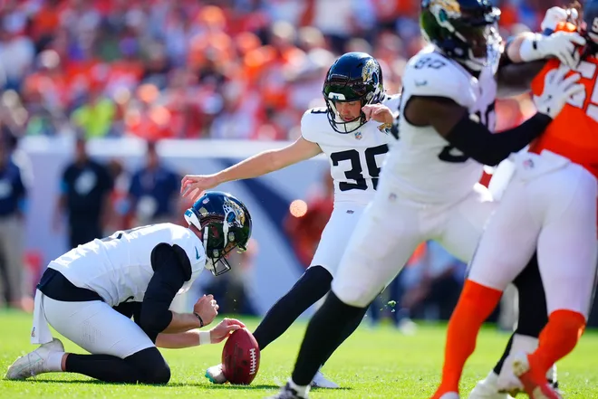 Sep 20, 2026; Denver, Colorado, USA;  Jacksonville Jaguars kicker Cam Little (39) kicks a 44 yard field goal during the second quarter against the Denver Broncos at Empower Field at Mile High.  Mandatory Credit: Ron Chenoy-Imagn Images