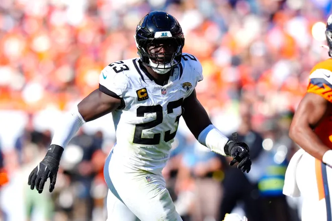 Sep 20, 2026; Denver, Colorado, USA;  Jacksonville Jaguars linebacker Foyesade Oluokun (23) during a play against the Denver Broncos in the during the fourth quarter at Empower Field at Mile High.  Mandatory Credit: Ron Chenoy-Imagn Images