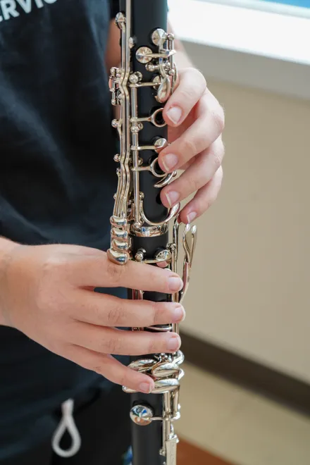This close-up view shows the intricate keys of a clarinet, one of the $38,500 worth of new musical instruments Mr. Holland’s Opus Foundation donated to Riverside High School in Jacksonville.