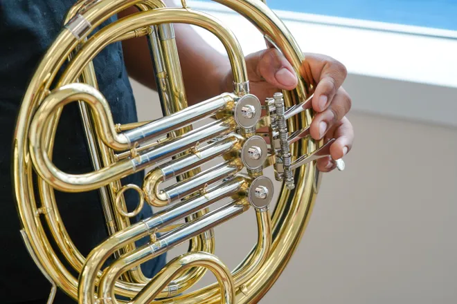 Here is close-up view of a french horn donated to the Riverside High School music program by Mr. Holland’s Opus Foundation. The nonprofit gave the school about $38,500 worth of new instruments.