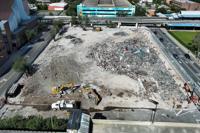 The structure is completely down at the site of the old First Baptist Church of Jacksonville’s sanctuary in downtown Jacksonville, Fla., on Wednesday, September 23, 2026.