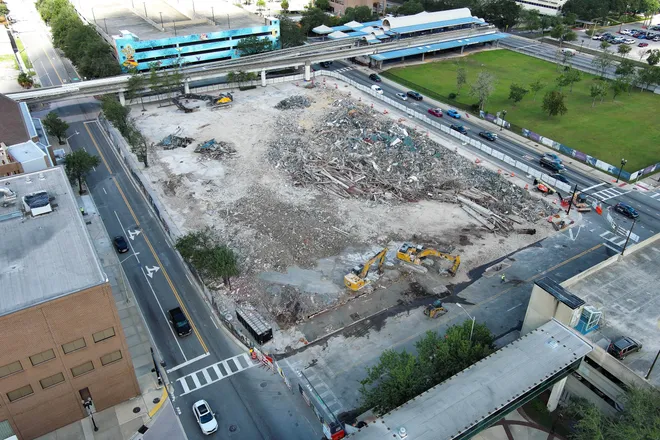 The structure is completely down at the site of the old First Baptist Church of Jacksonville’s sanctuary in downtown Jacksonville, Fla. Wednesday, September 23, 2026.