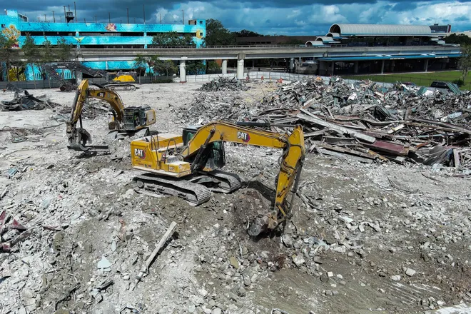 Excavator operators made piles of debris from the tear down of the First Baptist Church of Jacksonville’s old sanctuary in downtown Jacksonville, Fla. Wednesday September 23, 2026.