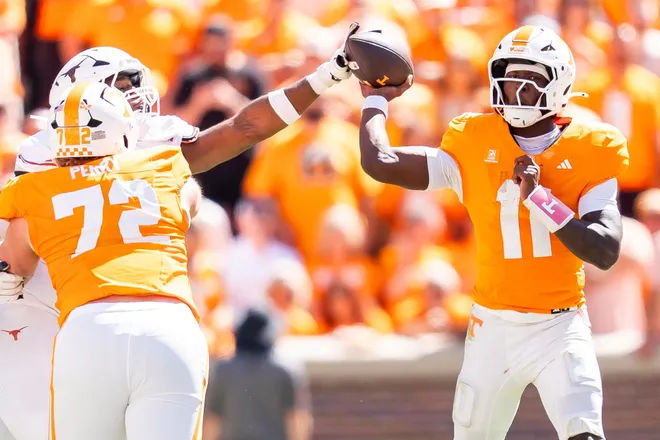 Tennessee quarterback Faizon Brandon (11) throws the ball during a college football game between Tennessee and Texas at Neyland Stadium in Knoxville, Tenn. on Sept. 26, 2026.