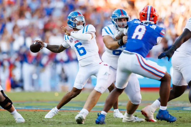 Sep 26, 2026; Gainesville, Florida, USA; Mississippi Rebels quarterback Trinidad Chambliss (6) throws against the Florida Gators during the first half at Ben Hill Griffin Stadium. Mandatory Credit: Matt Pendleton-Imagn Images