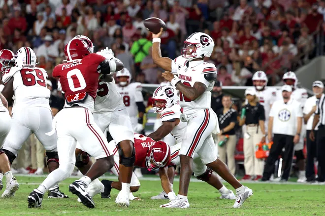 Sep 26, 2026; Tuscaloosa, Alabama, USA; South Carolina Gamecocks quarterback LaNorris Sellers (16) throws the ball during the second quarter against the Alabama Crimson Tide at Saban Field at Bryant-Denny Stadium. Mandatory Credit: David Leong-Imagn Images