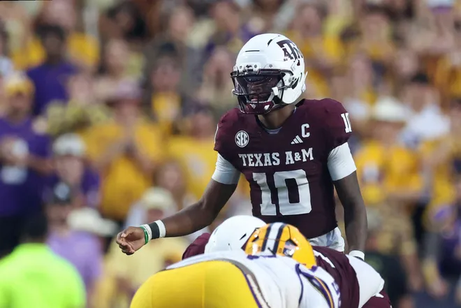 Sep 26, 2026; Baton Rouge, Louisiana, USA; Texas A & M Aggies quarterback Marcel Reed (10) calls a play during the first quarter against the LSU Tigers at Tiger Stadium. Mandatory Credit: Stephen Lew-Imagn Images