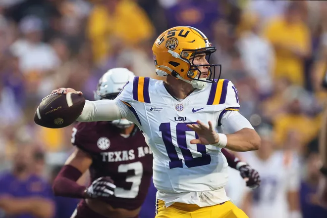 Sep 26, 2026; Baton Rouge, Louisiana, USA; LSU Tigers quarterback Sam Leavitt (10) throws a pass during the first quarter against the Texas A & M Aggies at Tiger Stadium. Mandatory Credit: Stephen Lew-Imagn Images