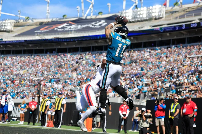 A touchdown is called back on Jacksonville Jaguars wide receiver Parker Washington (11) during the third quarter of an NFL football matchup at EverBank Stadium on Sunday, Sept. 27, 2026, in Jacksonville, Fla. The Jaguars defeated the Patriots 35-6. [Corey Perrine/Florida Times-Union]
