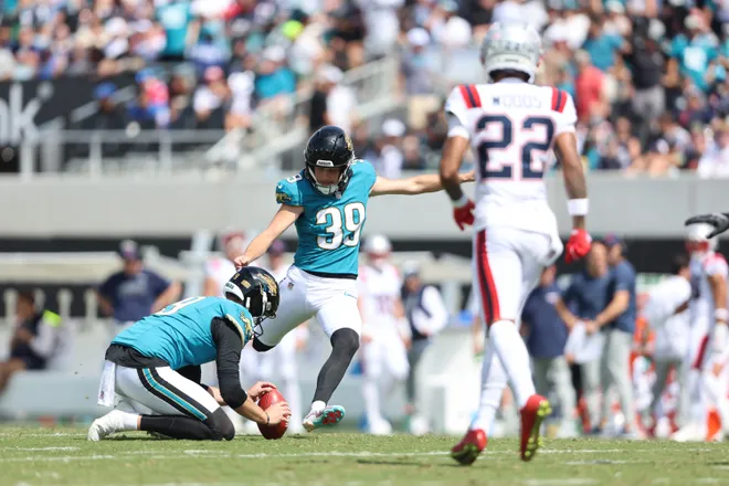 Sep 27, 2026; Jacksonville, Florida, USA; Jacksonville Jaguars kicker Cam Little (39) kicks an extra point during the second quarter against the New England Patriots at EverBank Stadium. Mandatory Credit: Morgan Tencza-Imagn Images