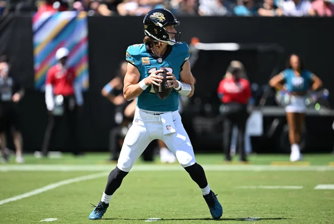Sep 27, 2026; Jacksonville, Florida, USA; Jacksonville Jaguars quarterback Trevor Lawrence (16) stands in the pocket during the first quarter against the New England Patriots at EverBank Stadium. Mandatory Credit: Melina Myers-Imagn Images