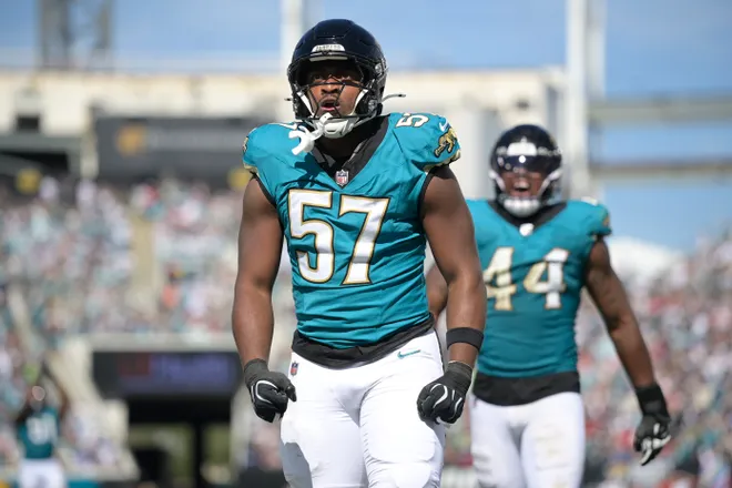 Sep 27, 2026; Jacksonville, Florida, USA; Jacksonville Jaguars defensive end Bryan Thomas Jr. (57) celebrates after a sack during the third quarter against the New England Patriots at EverBank Stadium. Mandatory Credit: Melina Myers-Imagn Images