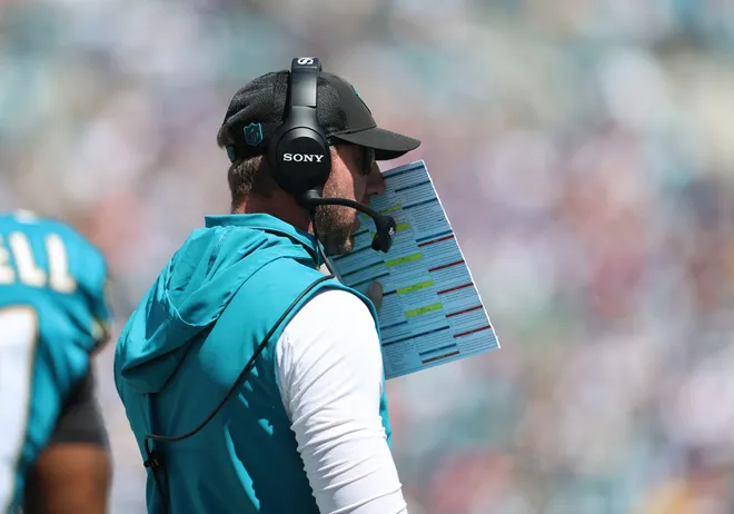 Sep 27, 2026; Jacksonville, Florida, USA; Jacksonville Jaguars head coach Liam Coen stands on the sideline during the first quarter against the New England Patriots at EverBank Stadium. Mandatory Credit: Morgan Tencza-Imagn Images