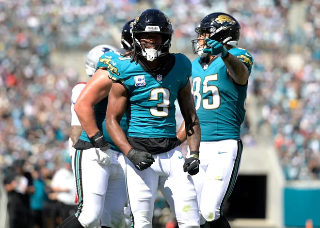 Sep 27, 2026; Jacksonville, Florida, USA; Jacksonville Jaguars wide receiver Jakobi Meyers (3) celebrates following a catch during the third quarter against the New England Patriots at EverBank Stadium. Mandatory Credit: Melina Myers-Imagn Images